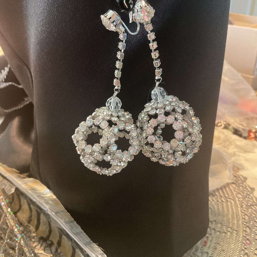 Silver Rhinestone KILLER QUEEN Mega DISCO BALL Dangle Earrings